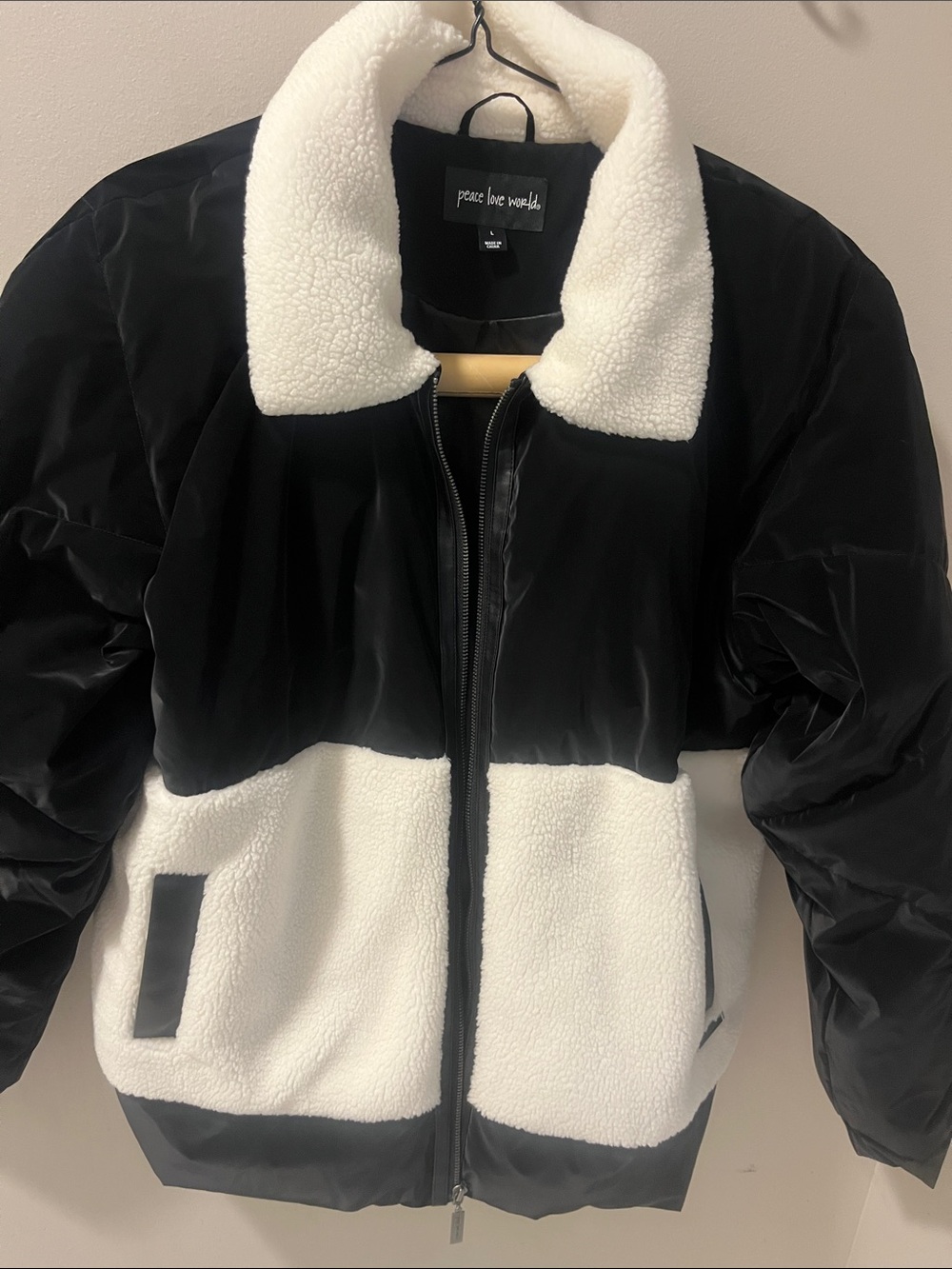 Peace Love World Black and White Teddy-Trim Puffer Jacket
